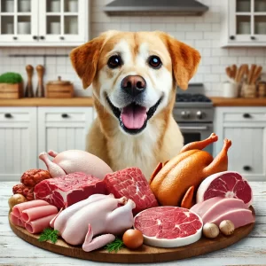 犬と肉類（鶏肉、牛肉、豚肉、ラム肉、七面鳥など）