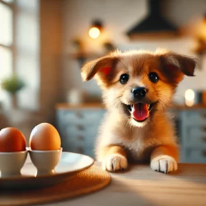 犬が卵を美味しそうに食べている