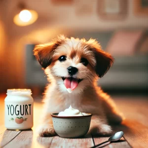 犬がヨーグルトを美味しそうに食べている