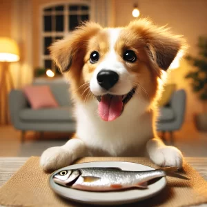 犬が美味しそうに魚を食べている