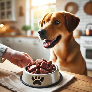 馬肉ドッグフードを食べる犬1