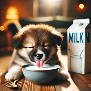 犬が美味しそうに牛乳を飲んでいる